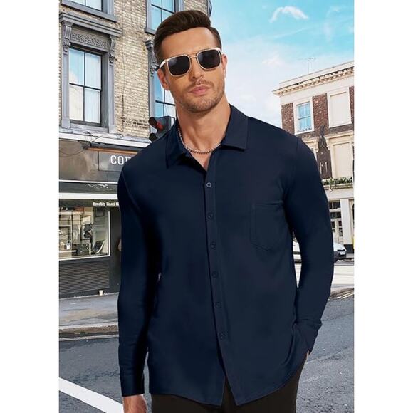 2XL Rayon Dress Shirt for Men NavyBlue LongSleeve ButtonDown - Picture 2 of 5